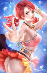 Rule 34 | 10s, 1girl, arm up, artist name, bare shoulders, blurry, bracelet, breasts, commentary, depth of field, deviantart username, earrings, eyelashes, final fantasy, final fantasy xiii, fingernails, freckles, gloves, highres, jewelry, long hair, looking at viewer, madeleine bellwoar, medium breasts, midriff, nail polish, necklace, nose, oerba dia vanille, open mouth, outstretched arm, parted lips, pink nails, red hair, solo, square enix, teeth, twintails, v, watermark, web address