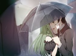 Rule 34 | 1boy, 1girl, black hair, black jacket, black umbrella, brown eyes, c.c., code geass, collared shirt, couple, creayus, eye contact, from side, green hair, hair between eyes, highres, holding, holding umbrella, imminent kiss, jacket, lelouch vi britannia, long hair, long sleeves, looking at another, open clothes, open jacket, outdoors, parted lips, rain, shared umbrella, shirt, short sleeves, transparent, transparent umbrella, umbrella, upper body, white shirt, wing collar