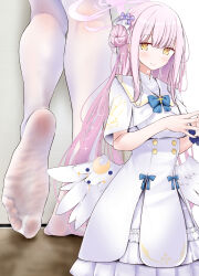 Rule 34 | 1girl, blue archive, feet, fingers together, highres, light blush, long hair, looking at viewer, mika (blue archive), oouso, pantyhose, pink hair, side bun, smile, soles, toes, white pantyhose, wings, yellow eyes