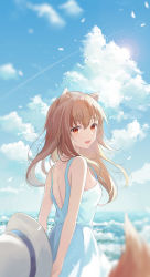 Rule 34 | 1girl, absurdres, animal ears, brown hair, cloud, contrail, dress, hat, highres, holo, lens flare, long hair, looking back, open mouth, sidelighting, sky, solo, spice and wolf, sternenzelt, sun, sundress, tail, wolf ears, wolf girl, wolf tail