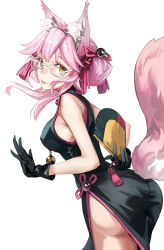 Rule 34 | 1girl, absurdres, animal ear fluff, animal ears, ass, bell, black dress, black gloves, blush, breasts, china dress, chinese clothes, double bun, dress, fate/grand order, fate (series), folding fan, fox ears, fox girl, fox tail, glasses, gloves, hair between eyes, hair bun, hand fan, highres, jingle bell, koyanskaya (chinese lostbelt outfit) (fate), koyanskaya (fate), large breasts, long hair, looking at viewer, looking back, parted lips, pink hair, side slit, sidelocks, sleeveless, sleeveless dress, smile, solo, tail, tamamo (fate), tassel, thighs, yellow eyes, zuihou de miao pa si
