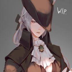 Rule 34 | 1girl, ascot, black bow, bloodborne, bow, brown cape, brown hat, brown jacket, cape, commentary request, gradient background, grey background, grey hair, hair bow, hat, jacket, jiro (ninetysix), lady maria of the astral clocktower, long hair, one eye covered, open mouth, ponytail, portrait, solo, the old hunters, tricorne, unfinished, upper body