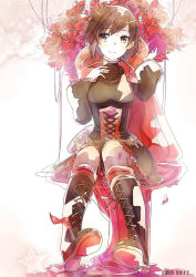 Rule 34 | 1girl, black footwear, black hair, boots, cape, cloak, corset, cross-laced footwear, emo (ricemo), flower, highres, hood, hooded cloak, knee boots, lace-up boots, pantyhose, rose, ruby rose, rwby, short hair, smile, solo, string