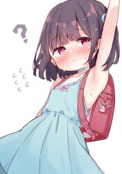 1girl ? arm_up armpits backpack bag black_hair blue_dress blush closed_mouth dress flying_sweatdrops ichiya_runa_(mamamamave) miria_(mamamamave) original randoseru red_bag red_eyes short_hair simple_background sundress white_background