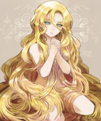 Rule 34 | 1girl, absurdly long hair, blonde hair, blue eyes, cross, expressionless, flipped hair, full body, grey background, hair between eyes, hair censor, hair over breasts, jitome, long hair, looking away, nude, own hands clasped, own hands together, praying, rosary, scp-166, scp foundation, seiza, sitting, solo, swan (doesu), very long hair