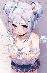 Rule 34 | 1girl, against wall, ahoge, amane kanata, amane kanata (7th costume), angel wings, asymmetrical hair, bare shoulders, black choker, blue hair, blue wings, blush, bow, bracelet, breasts, choker, commentary, cowboy shot, double bun, feathered wings, fragir, frilled choker, frills, gradient wings, grey hair, hair bow, hair bun, hair ornament, hairclip, highres, hololive, jewelry, lens flare, looking at viewer, microskirt, mini wings, multicolored hair, multicolored wings, multiple bracelets, multiple hair bows, official alternate costume, open mouth, pink hair, pleated skirt, purple eyes, short hair, sidelocks, single hair intake, skirt, small breasts, small sweatdrop, smile, solo, standing, star (symbol), star choker, streaked hair, swimsuit, tile wall, tiles, virtual youtuber, white wings, wings, x hair ornament