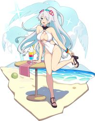 Rule 34 | 1girl, beach, belsidia (world flipper), black footwear, blue eyes, breasts, center opening, cleavage, cleavage cutout, clothing cutout, cloud, covered navel, cup, day, drinking glass, earrings, food, fruit, full body, halterneck, high ponytail, highleg, highleg swimsuit, highres, hoop earrings, ice cream, jewelry, large breasts, lemon, lemon slice, long hair, looking at viewer, mountain, o-ring, o-ring swimsuit, ocean, one-piece swimsuit, open mouth, outdoors, palm tree, parted bangs, sand, sandals, sky, smile, solo, standing, standing on one leg, sundae, swimsuit, table, taotao, transparent background, tree, very long hair, wafer stick, water, white hair, white one-piece swimsuit, world flipper