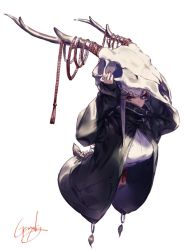 Rule 34 | 1girl, animal skull, antlers, black coat, breasts, coat, covered mouth, fingernails, genyaky, grey eyes, grey hair, hands up, horns, large breasts, long sleeves, looking at viewer, nail polish, open clothes, open coat, original, red nails, simple background, skull, solo, white background