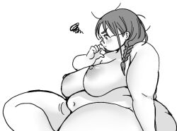 1girl braid breasts crossed_legs dasan242 fat fat_woman glasses huge_breasts messy_hair monochrome nipples nude obese sitting solo thick_thighs thighs