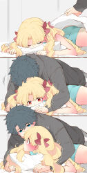 1boy 1girl azumi_(myameco) black_hair blonde_hair blue_eyes blush boy_on_top ereshkigal_(fate) fate/grand_order fate_(series) fujimaru_ritsuka_(male) hair_ribbon hetero long_hair looking_at_another lying on_stomach one-piece_swimsuit red_eyes red_ribbon ribbon short_hair space_ereshkigal_(fate) space_ereshkigal_(first_ascension)_(fate) swimsuit