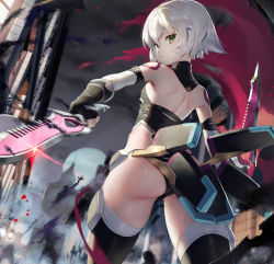 Rule 34 | 1girl, ass, bandaged arm, bandages, bare shoulders, bikini, black bikini, black gloves, black thighhighs, blush, building, closed mouth, detached collar, dual wielding, elbow gloves, fate/grand order, fate (series), fingerless gloves, fog, from behind, from below, full moon, glint, gloves, green eyes, holding, holding sword, holding weapon, jack the ripper (fate/apocrypha), looking at viewer, looking back, looking down, moon, night, night sky, outdoors, scar, scar on face, scottie (phantom2), short hair, shoulder blades, shoulder tattoo, silhouette, silver hair, skindentation, sky, solo, swimsuit, sword, tattoo, thighhighs, town, weapon