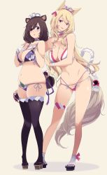 Rule 34 | 2girls, animal ears, bikini, black legwear, blonde hair, blush, bracelet, breasts, brown hair, cleavage, commentary request, contrapposto, detached collar, fox ears, fox tail, full body, geta, gloves, highres, jewelry, large breasts, lipstick, long hair, looking at another, looking at viewer, makeup, mikoto akemi, multi-strapped bikini, multiple girls, original, plump, pubic tattoo, purple eyes, raccoon ears, raccoon girl, raccoon tail, red lips, side-tie bikini bottom, simple background, skindentation, standing, swimsuit, tabi, tail, tanuki, tattoo, thigh strap, thighhighs, thighs, yellow background