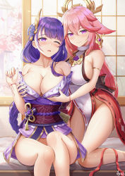 Rule 34 | 2girls, ;o, absurdres, animal ears, armlet, artist name, arus, bare legs, bare shoulders, bed sheet, blunt bangs, blush, grabbing another&#039;s breast, breasts, cleavage, closed mouth, collarbone, couple, covered navel, dress, earrings, flower, flower knot, genshin impact, grabbing, grabbing from behind, groin, hair between eyes, hair flower, hair ornament, hand up, highres, japanese clothes, jewelry, kimono, kneeling, large breasts, looking at another, looking at viewer, mitsudomoe (shape), mixed-language commentary, mole, mole under eye, multiple girls, nail polish, neck, no panties, no pants, obi, off shoulder, one eye closed, open mouth, pelvic curtain, pink eyes, pink hair, purple eyes, purple hair, purple kimono, purple nails, raiden shogun, sash, shouji, single earring, sitting, sleeveless, sleeveless dress, sliding doors, smile, tassel, thighs, tomoe (symbol), vision (genshin impact), white dress, white kimono, yae miko, yuri