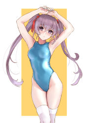 Rule 34 | 1girl, arms up, blue one-piece swimsuit, breasts, commentary request, competition swimsuit, cowboy shot, highleg, highleg swimsuit, katahira masashi, long hair, looking at viewer, one-piece swimsuit, original, purple eyes, purple hair, small breasts, swimsuit, thighhighs, twintails, two-tone background, white background, white thighhighs