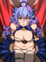 Rule 34 | 1girl, aftersex, akairiot, alternate costume, animal ears, blue skirt, bra, bra pull, bracelet, breasts, cleavage, clothes pull, commentary, cum, cum on body, cum on breasts, cum on upper body, earrings, english commentary, erune, ferry (granblue fantasy), flower, from above, granblue fantasy, hair between eyes, hair flower, hair ornament, hair pulled back, highres, jewelry, light purple hair, long hair, looking at viewer, medium breasts, navel, nipples, one breast out, orange eyes, panties, panty pull, pulling own clothes, rabbit ears, single earring, sitting, skirt, unworn skirt, solo, thigh strap, underwear, wavy hair, white bra, white panties