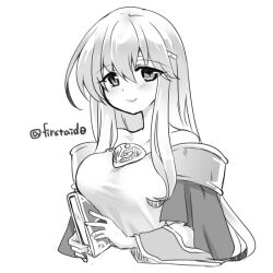 Rule 34 | 1girl, bare shoulders, book, circlet, dress, fire emblem, fire emblem: genealogy of the holy war, holding, holding book, julia (fire emblem), long hair, looking at viewer, monochrome, nintendo, simple background, smile, solo, upper body, white background, wide sleeves, yukia (firstaid0)