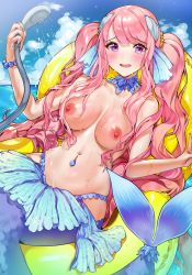 Rule 34 | 1girl, :d, absurdres, blue choker, blue ribbon, blue skirt, blue sky, blush, bracelet, breasts, choker, cloud, collarbone, day, fins, groin, hair between eyes, hair ribbon, hair tie, head fins, highres, holding, holding hose, hose, innertube, jewelry, large breasts, long hair, looking at viewer, mermaid, monster girl, navel, navel piercing, nipples, non-web source, ocean, open mouth, original, outdoors, pearl bracelet, piercing, pink eyes, pink hair, ribbon, shell hair ornament, shower head, showering, sidelocks, signature, sitting, skindentation, skirt, sky, smile, solo, split tail, stomach, swim ring, teeth, topless, twintails, upper teeth only, very long hair, water drop, wet, yanyo (ogino atsuki)