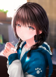 Rule 34 | 1girl, :t, absurdres, blue sweater, blurry, blurry background, braid, brown hair, cup, glass, hair over shoulder, highres, holding, holding cup, indoors, kitchen, long sleeves, looking at viewer, medium hair, ojay tkym, original, red eyes, shirt, sidelocks, signature, sweater, twin braids, two-tone sweater, upper body, water, white shirt, white sweater
