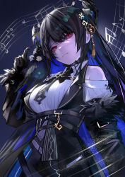 Rule 34 | 1girl, absurdres, animal, animal on shoulder, asymmetrical horns, bird, black hair, blue hair, clothing cutout, collared shirt, colored inner hair, expressionless, hair ornament, highres, hololive, hololive english, horns, kouhiipan, long hair, multicolored hair, musical note, necktie, nerissa ravencroft, nerissa ravencroft (1st costume), purple eyes, shadow (nerissa ravencroft), shirt, shoulder cutout, solo, staff (music), uneven horns, virtual youtuber