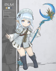 Rule 34 | 1girl, absurdres, black mage (final fantasy), blue eyes, blue footwear, blue hair, blue shirt, blue shorts, boots, english text, final fantasy, final fantasy xiv, flat chest, full body, highres, holding, holding staff, knee boots, lalafell, leaning to the side, light blue hair, light blush, long bangs, looking at viewer, mage staff, multiple views, open mouth, pointy ears, puluie, shadow, shiny skin, shirt, short shorts, shorts, smile, staff, teeth, twintails, warrior of light (ff14), white headdress, wide sleeves