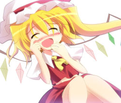Rule 34 | 1girl, :d, ascot, blonde hair, blush, closed eyes, dress, embodiment of scarlet devil, fang, female focus, flandre scarlet, geo (yukishitadou), hand to own mouth, happy, happy tears, hat, hat ribbon, midriff, open mouth, red dress, ribbon, rubbing eyes, side ponytail, simple background, smile, solo, tears, touhou, wings, wiping tears
