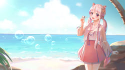 Rule 34 | 1girl, :d, absurdres, animal ear fluff, animal ears, bear hair ornament, blush, braid, bubble, blowing bubbles, commentary, commission, day, english commentary, gonzz (gon2rix), hair ornament, hand up, highres, holding, horizon, long hair, long sleeves, looking at viewer, ocean, open mouth, original, outdoors, palm tree, pink hair, pleated skirt, purple eyes, red skirt, see-through, see-through sleeves, skirt, smile, solo, standing, teeth, tree, twin braids, twintails, upper teeth only, very long hair, water, wide sleeves