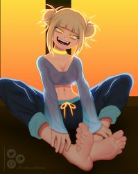 Rule 34 | 1girl, absurdres, bare hips, blonde hair, blouse, blue shirt, boku no hero academia, breasts, cleavage, clothes, eyelashes, feet, female focus, flareless, glowing, highres, knees apart feet together, nipples, see-through, see-through sleeves, shirt, sitting, smile, soles, solo, toes, toga himiko, yellow eyes