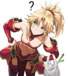 Rule 34 | 1girl, ?, armor, bag, bandeau, bare shoulders, black thighhighs, blonde hair, blush, braid, breasts, collarbone, detached collar, detached sleeves, egg carton, fate/apocrypha, fate (series), faulds, french braid, green eyes, grocery bag, hair ornament, hair scrunchie, highres, leaning forward, leaning to the side, long hair, looking at viewer, mordred (fate), mordred (fate/apocrypha), navel, parted bangs, pelvic curtain, ponytail, revision, scrunchie, shopping bag, sidelocks, simple background, small breasts, solo, spring onion, thighhighs, thighs, tonee
