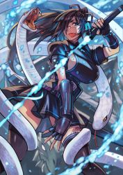 Rule 34 | 1girl, animal, black gloves, black skirt, blue eyes, blue nails, breasts, brown hair, closed mouth, elbow gloves, energy weapon, fingerless gloves, fingernails, forked tongue, gloves, hair over one eye, hair ribbon, highres, holding, holding weapon, large breasts, leg tattoo, long hair, miniskirt, nail polish, no bra, original, pleated skirt, ponytail, purple ribbon, ribbon, rimless eyewear, rumie, short sleeves, sideboob, skirt, sleeve cuffs, snake, tattoo, thighhighs, tongue, tongue out, weapon, zettai ryouiki