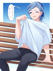 Rule 34 | 1boy, arm support, bench, black pants, blue hair, commentary request, creatures (company), eyelashes, flying sweatdrops, game freak, grusha (pokemon), highres, male focus, mocacoffee 1001, navel, nintendo, one eye closed, open mouth, pants, pokemon, pokemon sv, shirt, shirt tug, short hair, signature, sitting, solo, speech bubble, teeth, translation request, upper teeth only