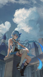 Rule 34 | 1girl, arm support, bare arms, bare shoulders, black socks, blue eyes, blue hair, blue nails, blue ribbon, blue skirt, breasts, brown footwear, building, closed mouth, commentary request, fingernails, hair between eyes, hair ribbon, hand on own knee, high heels, highres, kneehighs, long hair, looking at viewer, nail polish, original, ribbon, sandals, saraki, shirt, single kneehigh, single sock, single thighhigh, sitting, skirt, sleeveless, sleeveless shirt, small breasts, smile, socks, solo, thighhighs, tower, very long hair, white shirt, white socks