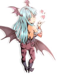 Rule 34 | 1girl, animal print, backless outfit, bare shoulders, bat print, bat wings, bridal gauntlets, capcom, demon girl, elbow gloves, full body, gloves, green eyes, green hair, head wings, heart, heart-shaped pupils, leotard, long hair, looking at viewer, looking back, matching hair/eyes, morrigan aensland, pantyhose, print pantyhose, ryusuke1234, smile, solo, symbol-shaped pupils, transparent background, vampire (game), white background, wings