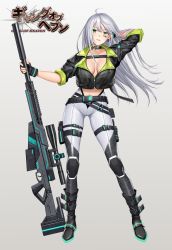 Rule 34 | 1girl, arm behind head, arm up, belt, black footwear, boots, breasts, cleavage, collar, collarbone, commentary request, cropped jacket, earrings, facial mark, fingerless gloves, fingernails, full body, gang of heaven, gloves, green eyes, gun, highres, holding, holster, jacket, jewelry, knee pads, large breasts, logo, long hair, looking at viewer, midriff, neon trim, official art, pants, parted lips, re:shimashima, rifle, scope, silver hair, simple background, solo, thigh holster, weapon