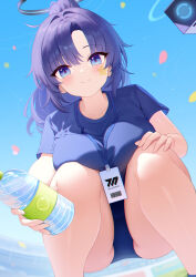 1girl absurdres black_halo blue_archive blue_buruma blue_eyes blue_hair blue_shirt blue_sky blush bottle breasts buruma closed_mouth commentary_request drone from_below gym_shirt halo highres holding holding_bottle lanyard large_breasts long_hair looking_at_viewer mechanical_halo official_alternate_costume official_alternate_hairstyle outdoors plastic_bottle shan_far shirt short_sleeves sky smile solo squatting star_(symbol) star_sticker sticker_on_face water_bottle yuuka_(blue_archive) yuuka_(track)_(blue_archive)