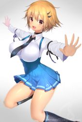 Rule 34 | 1girl, black necktie, black socks, blonde hair, breasts, choker, hair ornament, hairclip, highres, large breasts, looking at viewer, mataro (matarou), necktie, open mouth, original, outstretched arms, red eyes, short hair, skirt, smile, socks, solo, spread arms