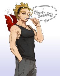 Rule 34 | 1boy, bare arms, bare shoulders, biceps, black tank top, blonde hair, body markings, boku no hero academia, brushing teeth, facial hair, feathered wings, feathers, from side, goatee, hairband, hand in pocket, hawks (boku no hero academia), highres, mahoubin (totemo hot dayo), male focus, pants, pectorals, red feathers, short hair, sideburns, sidepec, signature, sleeveless, solo, speech bubble, sweatpants, tank top, toned, toned male, toothbrush, toothbrush in mouth, white background, wings, yellow eyes