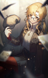 Rule 34 | 1girl, absurdres, black-framed eyewear, black skirt, blonde hair, brown eyes, brown jacket, buttons, cabbie hat, closed mouth, commentary request, cowboy shot, glasses, grey hat, hat, heart button, highres, holding, holding clothes, holding hat, jacket, kino (m6t2a), leather, leather jacket, long hair, long sleeves, looking at viewer, melania (reverse:1999), open clothes, open jacket, pantyhose, red pantyhose, reverse:1999, skirt, smile, solo, turtleneck, unworn headwear