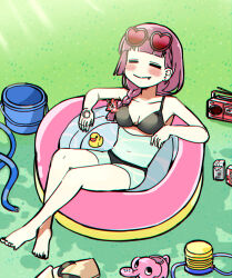 Rule 34 | 1girl, = =, alcohol, bare shoulders, bikini, black bikini, bocchi the rock!, boombox, braid, breasts, bucket, chromatic aberration, closed eyes, closed mouth, day, eyewear on head, fang, fang out, geta, grass, hand tattoo, heart, heart-shaped eyewear, highres, hiroi kikuri, long hair, navel, outdoors, partially submerged, purple hair, refraction, rubber duck, sandals, unworn sandals, single braid, small breasts, smile, solo, sunglasses, swimsuit, tattoo, torako (toramaru), wading pool, watering can