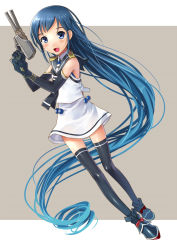 Rule 34 | 10s, 1girl, absurdly long hair, ankle boots, black gloves, black thighhighs, blue eyes, blue hair, blush, boots, dutch angle, elbow gloves, full body, gloves, gun, kantai collection, katahira masashi, long hair, looking at viewer, matching hair/eyes, outside border, personification, samidare (kancolle), simple background, skirt, sleeveless, smile, solo, thighhighs, very long hair, weapon, zettai ryouiki