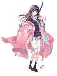Rule 34 | 1girl, between breasts, black hair, black shirt, black socks, blue neckwear, blush, breasts, brown eyes, brown footwear, brown hair, cherry blossoms, closed mouth, commentary request, dated, floral print, flower, full body, hair flower, hair ornament, hairclip, katana, loafers, long sleeves, looking at viewer, multicolored hair, open clothes, original, pink flower, pleated skirt, sailor collar, sanbasou, shirt, shoes, signature, simple background, skirt, sleeves past wrists, small breasts, smile, socks, solo, standing, strap between breasts, sword, two-tone hair, weapon, white background, white sailor collar, white skirt, wide sleeves