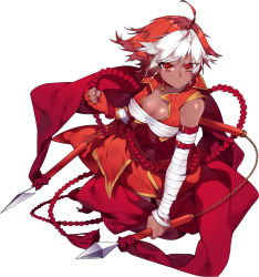 Rule 34 | 1girl, ahoge, arm at side, arm belt, bandaged arm, bandages, breasts, clenched hand, closed mouth, commentary, dark-skinned female, dark skin, deathalice, earrings, highres, holding, holding weapon, jewelry, large breasts, long hair, looking at viewer, multicolored hair, orange eyes, orange hair, original, sarashi, short hair, simple background, solo, two-tone hair, upper body, very long hair, weapon, white background, white hair