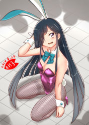 Rule 34 | 1girl, animal ears, black hair, blue bow, blue bowtie, blue eyes, bow, bowtie, breasts, commentary request, detached collar, fake animal ears, fishnet pantyhose, fishnets, full body, grey pantyhose, hair over one eye, hayashimo (kancolle), kantai collection, kneeling, leotard, long hair, looking at viewer, moke ro, pantyhose, playboy bunny, purple leotard, rabbit ears, rabbit girl, rabbit tail, shadow, small breasts, solo, strapless, strapless leotard, tail, thick eyebrows, tile floor, tiles, very long hair, wrist cuffs