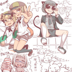 Rule 34 | 4boys, animal ears, bag, blonde hair, blush, brown eyes, cat boy, cat ears, cat tail, child, english text, closed eyes, formal, glasses, green eyes, grey hair, grin, hat, male focus, multiple boys, necktie, omiya (louise-louis-lucille), open mouth, original, sexually suggestive, short hair, shorts, smile, suit, tail, underwear, v, white hair