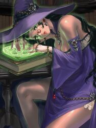 Rule 34 | 1girl, bare shoulders, black hair, book, bookshelf, breasts, cleavage, detached sleeves, dress, fingerless gloves, fingernails, glasses, gloves, green eyes, hat, highres, long hair, looking at viewer, magic circle, medium breasts, nail polish, original, parted lips, pince-nez, pink lips, pink nails, purple dress, purple hat, purple sleeves, solo, table, very long hair, wavy hair, white gloves, witch hat, yuccoshi