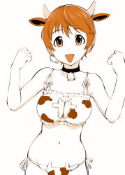 Rule 34 | 1girl, :d, adapted costume, animal ears, animal print, bell, bikini, bra, breasts, cat lingerie, cleavage, cleavage cutout, clenched hands, clothing cutout, collar, cow ears, cow girl, cow horns, cow keyhole bra, cow print, cowbell, cowboy shot, food, frilled bra, frills, fruit, groin, hands up, happy, headphones, headset, hip focus, horns, idolmaster, idolmaster cinderella girls, large breasts, lingerie, looking at viewer, matching hair/eyes, meme attire, microphone, navel, neck bell, oikawa shizuku, open mouth, orange (fruit), orange eyes, orange hair, panties, parody, short hair, side-tie bikini bottom, side-tie panties, simple background, smile, solo, spot color, swimsuit, ueyama michirou, underwear, underwear only