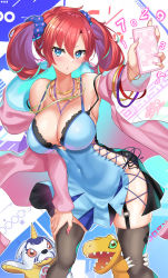 Rule 34 | 1girl, 2others, absurdres, agumon, belt, blush, bra, breasts, chibi, cleavage, covered navel, curvy, digimon, digimon (creature), digimon story: cyber sleuth, dress, fingernails, gabumon, garter straps, highres, holding, holding phone, large breasts, looking at viewer, multiple others, nez-box, panties, phone, pink eyes, red hair, sharp teeth, shiramine nokia, short dress, side-tie panties, solo, teeth, twintails, underwear, wide hips