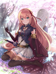 Rule 34 | 2girls, arisa (shadowverse), arm support, back-to-back, belt, black gloves, boots, brown footwear, brown hair, cherry blossoms, cloak, day, elbow gloves, flower, gloves, green eyes, hair between eyes, hair ribbon, highres, long hair, looking at viewer, losaria (shadowverse), mamehamu, miniskirt, multiple girls, neck ribbon, outdoors, pink flower, pleated skirt, pointy ears, red cloak, red ribbon, ribbon, shadowverse, silver hair, skirt, smile, thigh boots, thighhighs, tree, very long hair, white skirt, zettai ryouiki