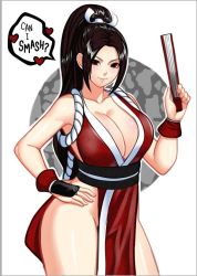 Rule 34 | 1girl, breasts, brown eyes, brown hair, cleavage, curvy, english text, fatal fury, female focus, folding fan, hand fan, hand on own hip, heart, highleg, holding, holding fan, jadenkaiba, large breasts, long hair, looking at viewer, matching hair/eyes, ninja, pelvic curtain, ponytail, revealing clothes, shiranui mai, smile, snk, solo, speech bubble, spoken heart, standing, the king of fighters, thick thighs, thighs, wide hips