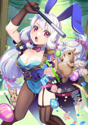 Rule 34 | 1girl, :o, animal ears, arm over head, asymmetrical legwear, bow, bowtie, breasts, cleavage, confetti, cropped jacket, detached collar, easter egg, egg, elbow gloves, epaulettes, floral print, flower, garter straps, gloves, hair flower, hair ornament, hat, highres, holding, holding clothes, holding hat, holding wand, knees together feet apart, leotard, long hair, looking at object, magician, mismatched legwear, original, pantyhose, pink eyes, playboy bunny, rabbit, rabbit ears, ryofuhiko, signature, solo, striped clothes, striped thighhighs, thighhighs, top hat, twintails, unworn hat, unworn headwear, v-shaped eyebrows, vertical-striped clothes, vertical-striped thighhighs, very long hair, wand, white hair, winged animal