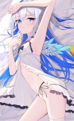 Rule 34 | 1girl, absurdres, alternate costume, amane kanata, angel wings, arm on own head, arm up, armpits, bandage on thigh, bandages, bed sheet, black panties, blue eyes, blue hair, blush, breasts, colored inner hair, dress, dress ribbon, feathered wings, frilled dress, frills, grey hair, hair intakes, highres, hololive, long hair, lying, multicolored hair, nama tt1786, on side, open clothes, open dress, panties, ribbon, ribbon panties, small breasts, solo, stomach, thighs, unbuttoned, unbuttoned dress, underwear, virtual youtuber, white dress, white wings, wings